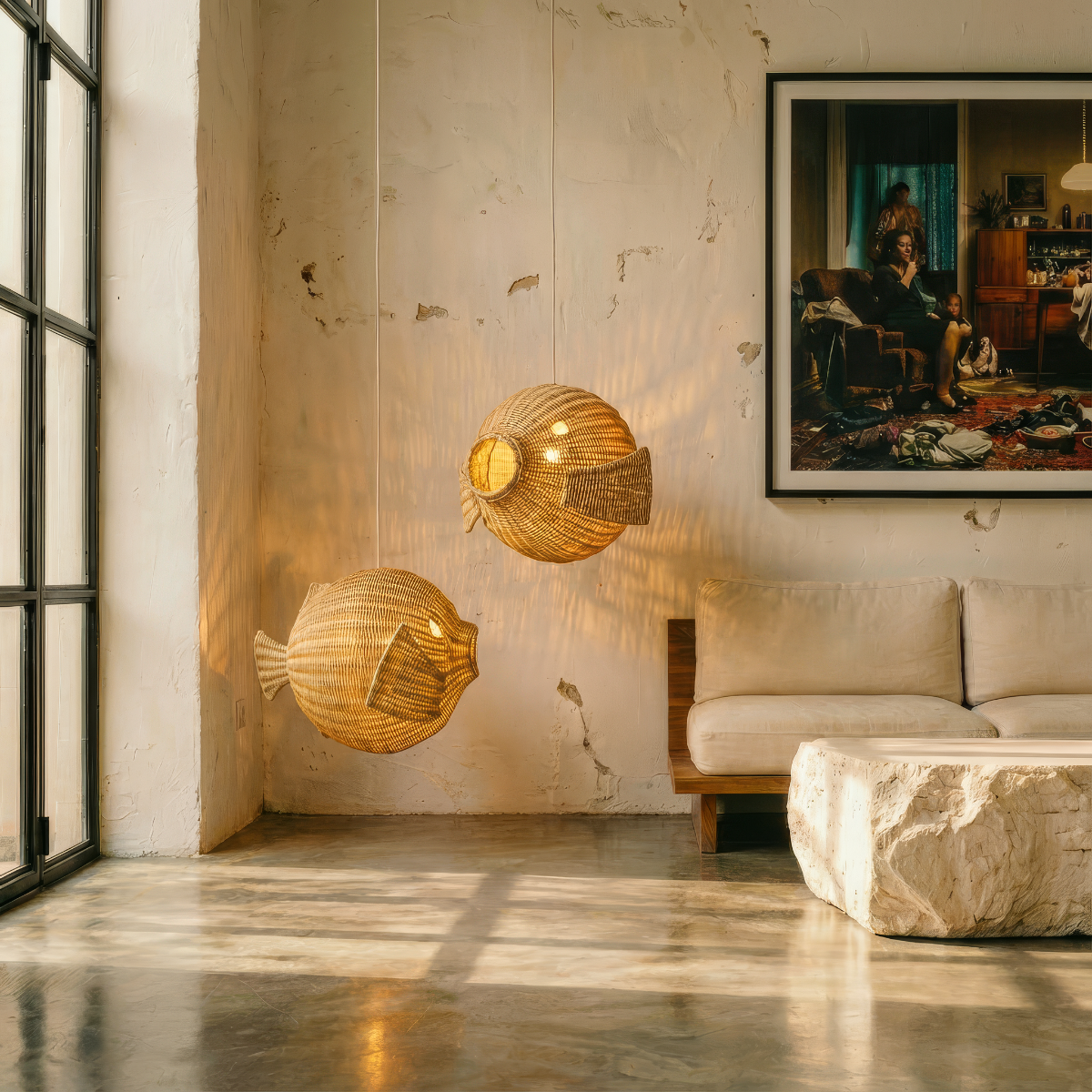 Ikan-60 Rattan Pendant Light by TIBA-TIBA - Ikan 60 and Ikan 40 Pendant lamps hanging in loft with stone table and Jeff Wall framed photograph on the wall. 