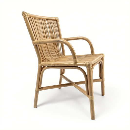 Ro-Di-O Dining Chair by TIBA-TIBA – handcrafted natural rattan dining chair with arms and minimalist frame.
