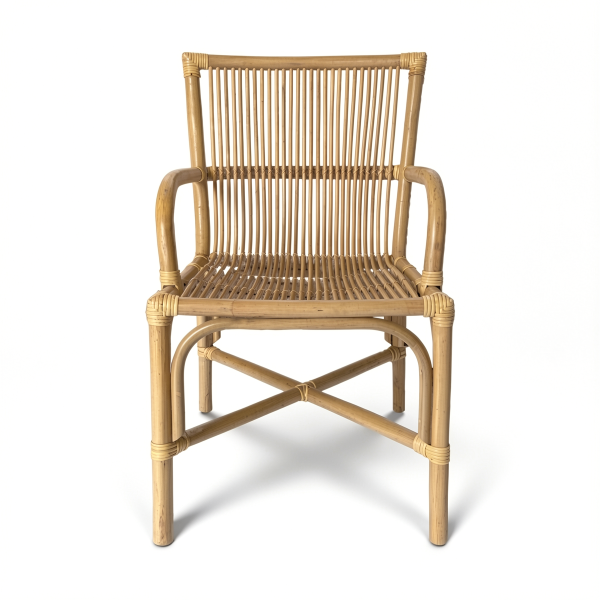 Ro-Di-O Dining Chair by TIBA-TIBA – Classic Italian rattan dining chair with arms, minimalist frame, honey finish. Front View. 