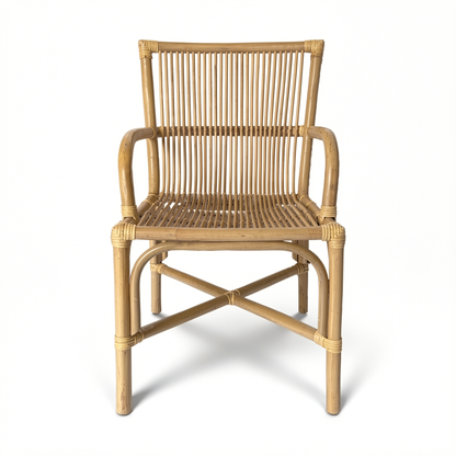 Ro-Di-O Dining Chair by TIBA-TIBA – Classic Italian rattan dining chair with arms, minimalist frame, honey finish. Front View. 