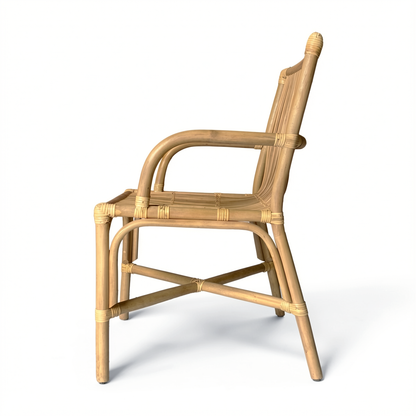 Ro-Di-O Dining Chair by TIBA-TIBA – Handcrafted Indonesian natural wicker dining chair with curved arms and minimalist frame. Side view.