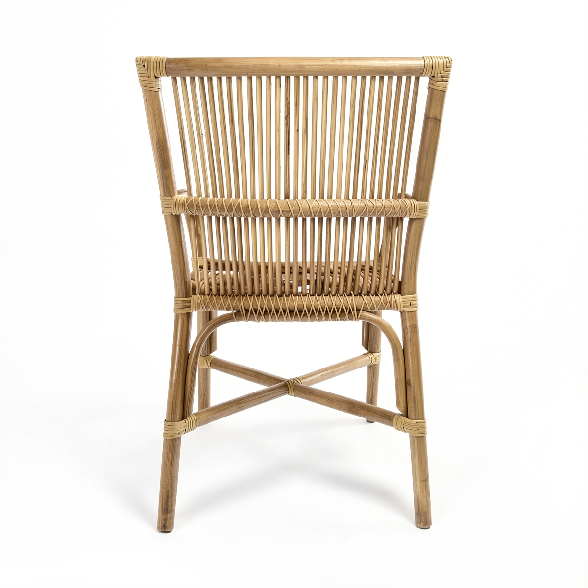 Ro-Di-O Dining Chair by TIBA-TIBA – handcrafted Indonesian natural rattan dining chair with arms and modern minimalist frame. Rear view.