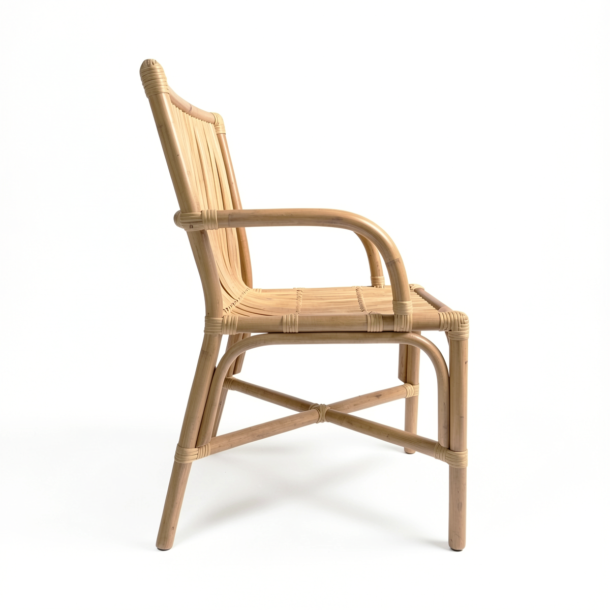 Ro-Di-O Dining Chair by TIBA-TIBA – Classic rattan dining chair with arms and minimalist frame Handcrafted in Bali. Side View. 