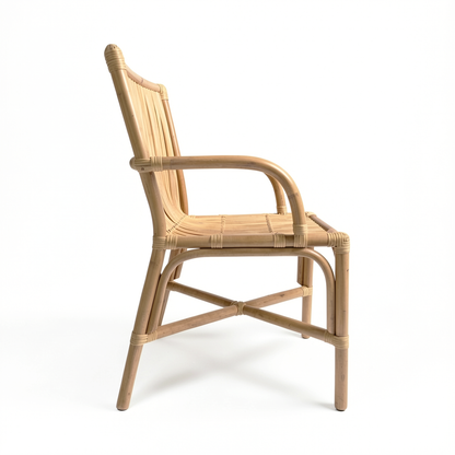 Ro-Di-O Dining Chair by TIBA-TIBA – Classic rattan dining chair with arms and minimalist frame Handcrafted in Bali. Side View. 