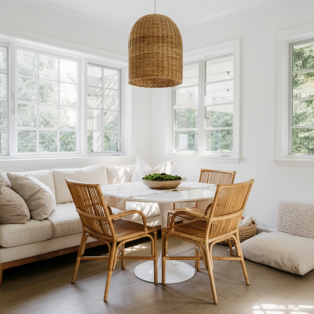 Ro-Di-O Dining Chair by TIBA-TIBA – White modern breakfast nook with Tulip dining table, rattan pendant lamp, cream sofa bench and 3 wicker dining chairs with arms.