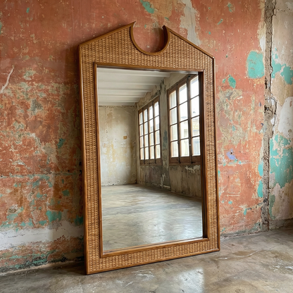 Chippendale Standing Mirror by TIBA-TIBA - Woven rattan and teak mirror in PoMo design style leaning against wall 