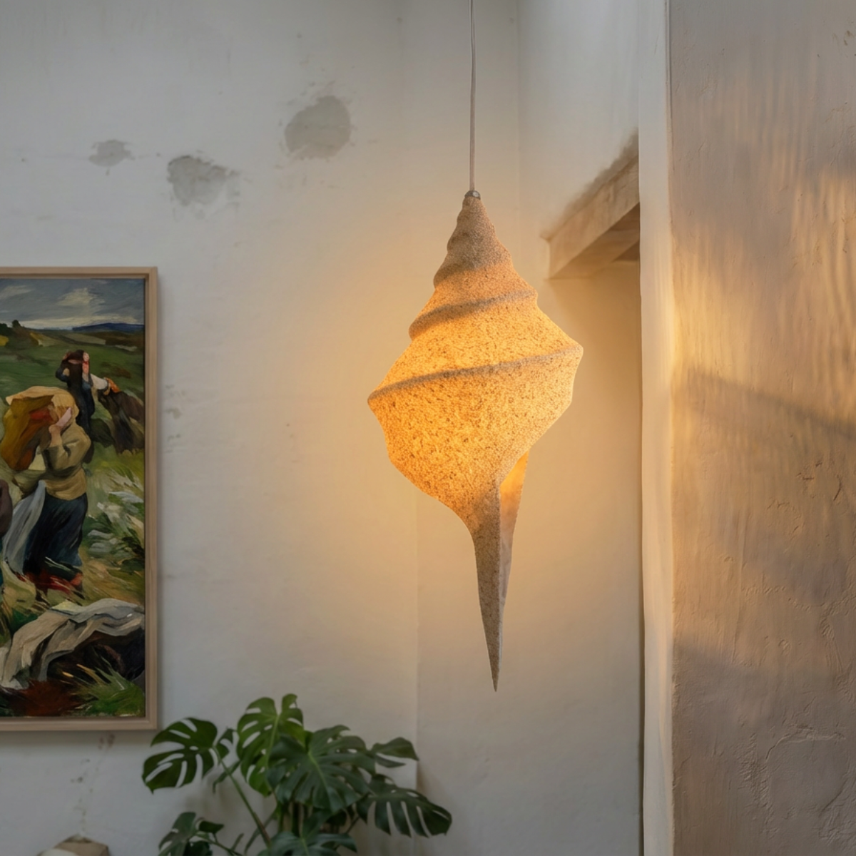 Keong Pendant Light by TIBA-TIBA - sand coated resin shell shaped hanging  lamp in modern loft with oil painting in background. 