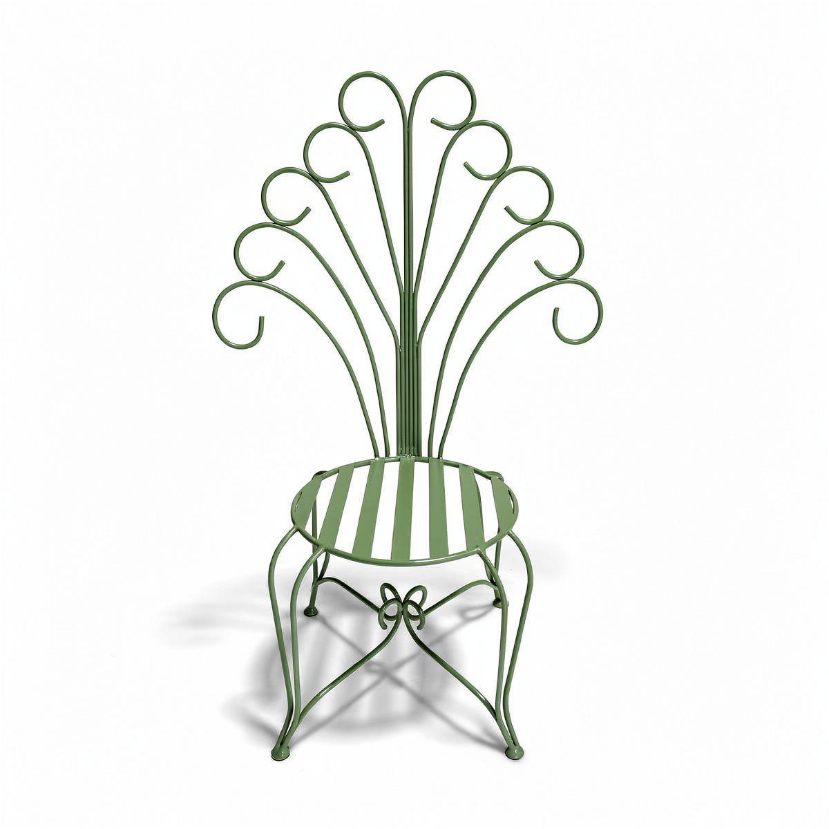 Plume Chair by TIBA-TIBA – sage green steel peacock chair frame with decorative curved metal back.