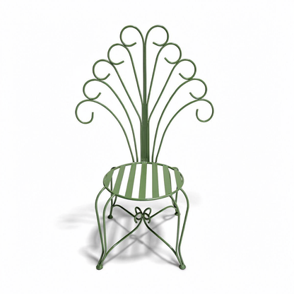 Plume Chair by TIBA-TIBA – sage green steel peacock chair frame with decorative curved metal back.