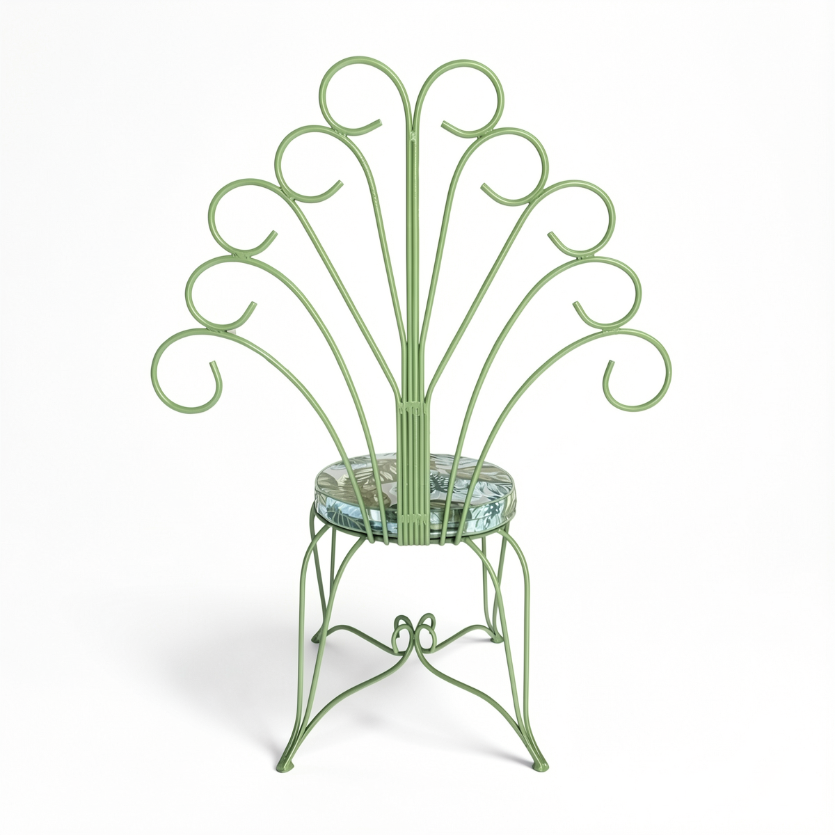 Plume Chair by TIBA-TIBA – powder-coated sage green steel peacock chair with decorative metal frame and green and blue jungle foliage patterned QDF cushion, rear view.