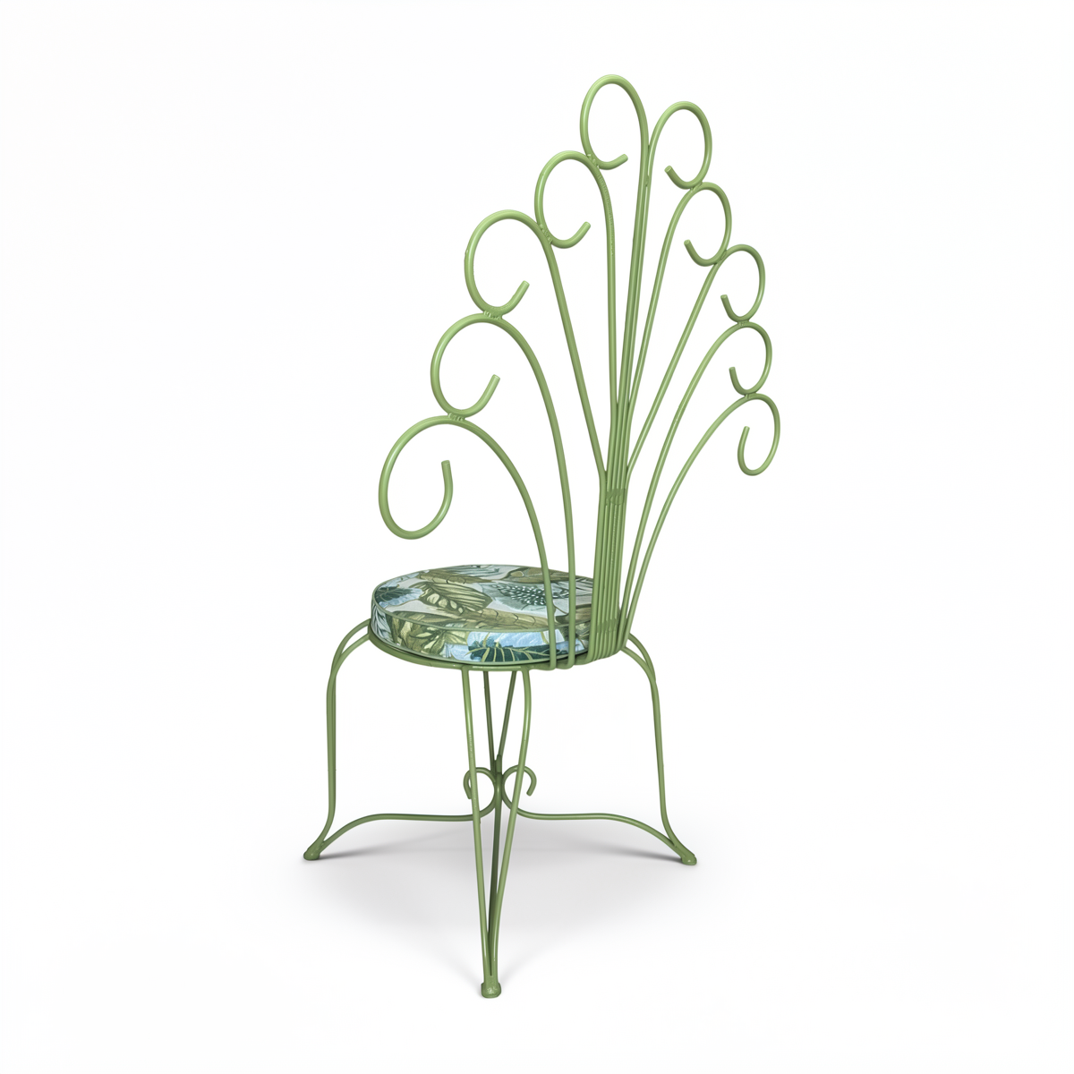 Plume Chair by TIBA-TIBA – sage green steel peacock chair with decorative curved metal backrest and matching tropical plant round cushion