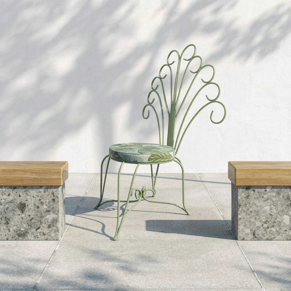 Plume Chair by TIBA-TIBA – sage green metal peacock garden chair with curly metal steel backrest in minimalist white and wood outdoor setting.