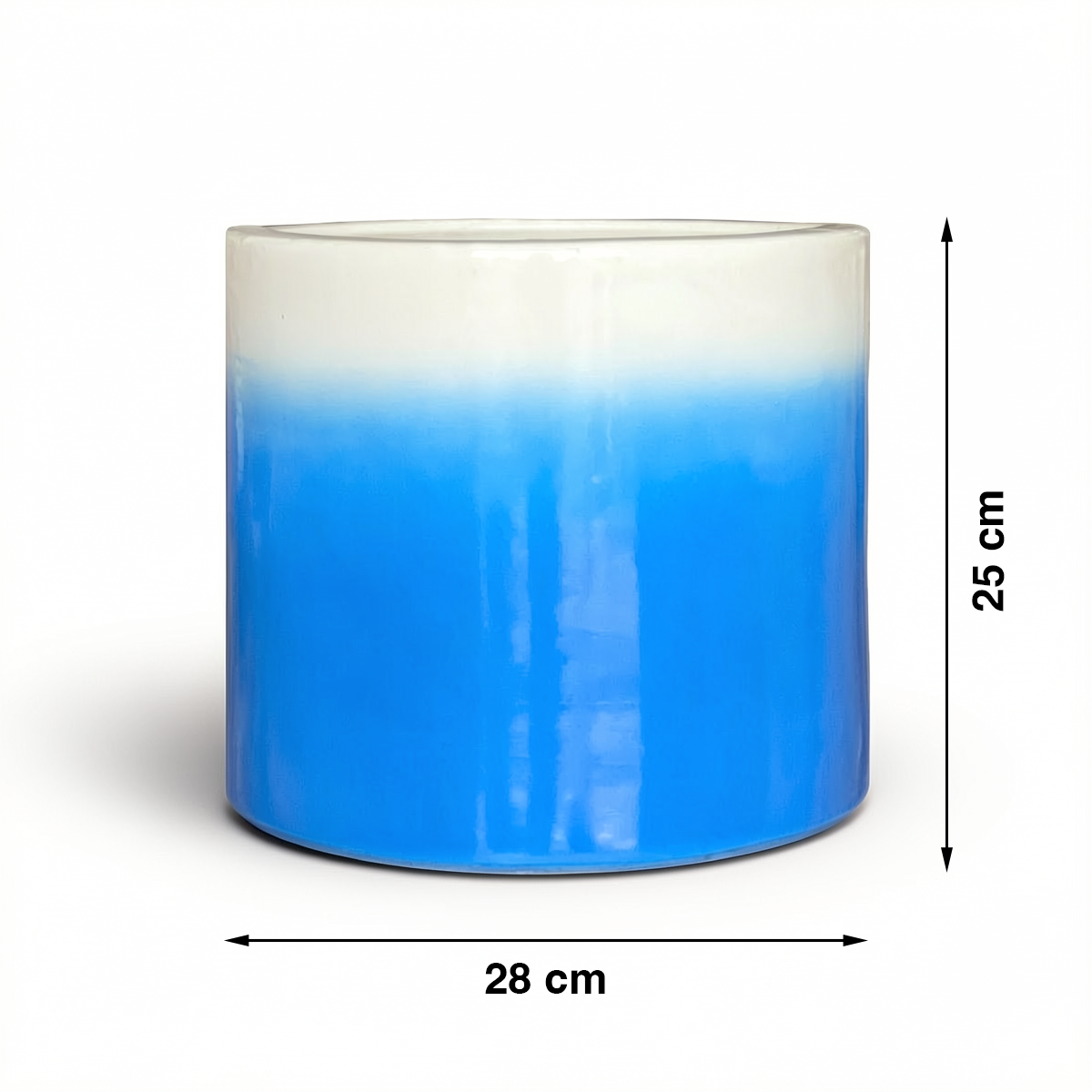 Fade Cylinder planter by TIBA-TIBA – Sky blue terracotta plant pot with a glossy, glazed gradient finish that fades to white at the top. 