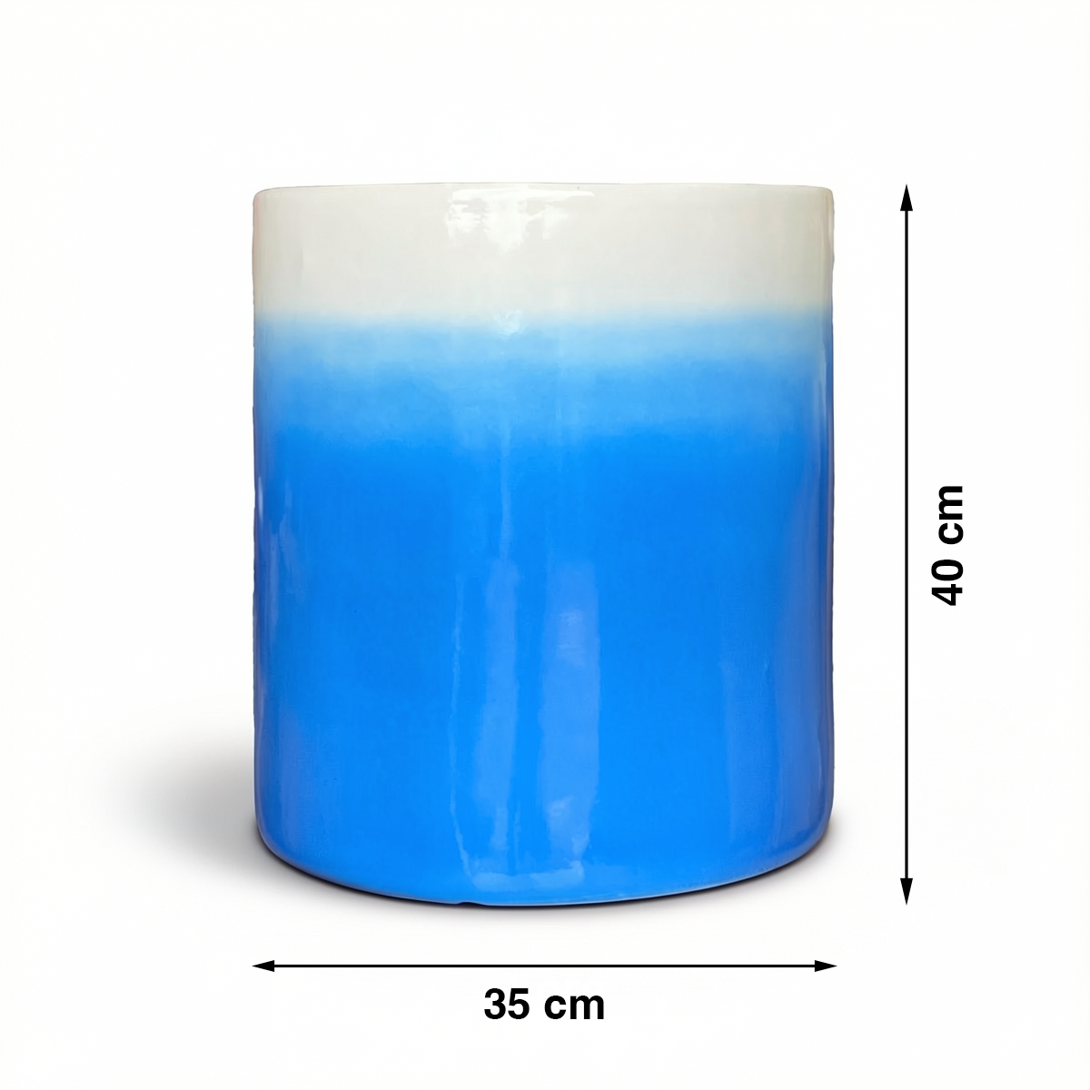 Fade Cylinder planter by TIBA-TIBA – Sky blue ceramic plant pot with a glossy, glazed gradient finish that fades to white at the top. 