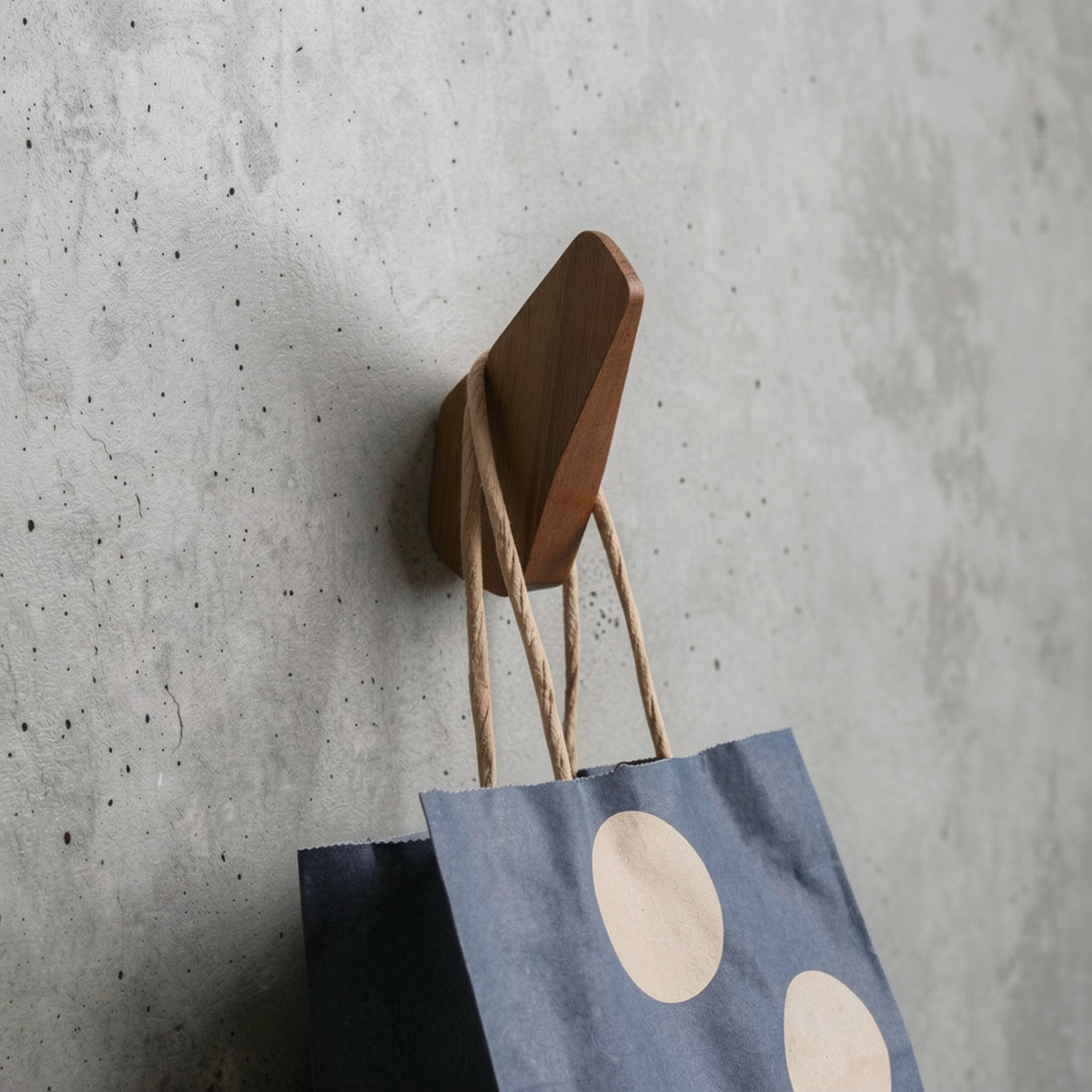 Fin Wall Hook by TIBA-TIBA - Sculptural wooden wall hook mounted on a concrete wall with hanging blue polkadot bag.