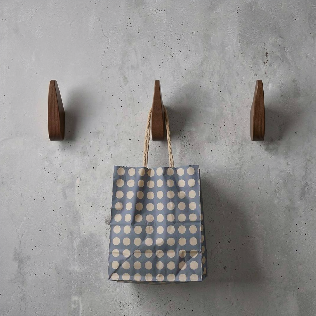 Fin Wall Hook by TIBA-TIBA - Three artistic wooden fin wall hooks mounted on a concrete wall with blue polkadot bag hanging from one hook.  