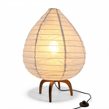 Alien Floor Lamp by TIBA-TIBA – modern linen floor lamp in the style of Noguchi with teak tripod base.