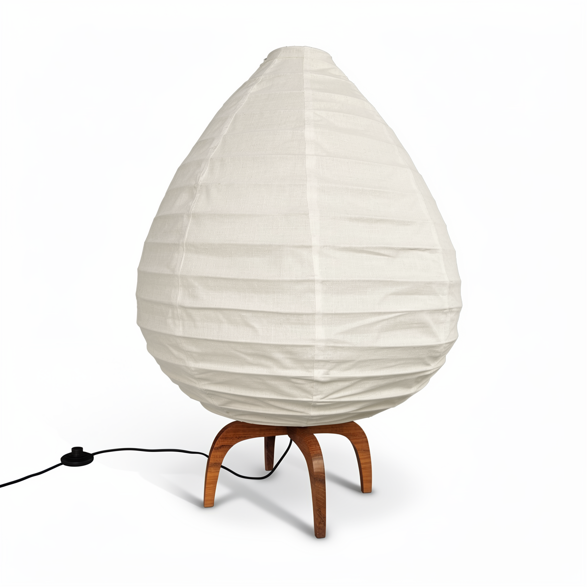 Alien Floor Lamp by TIBA-TIBA – teardrop-shaped linen floor lamp with four teak feet. 
