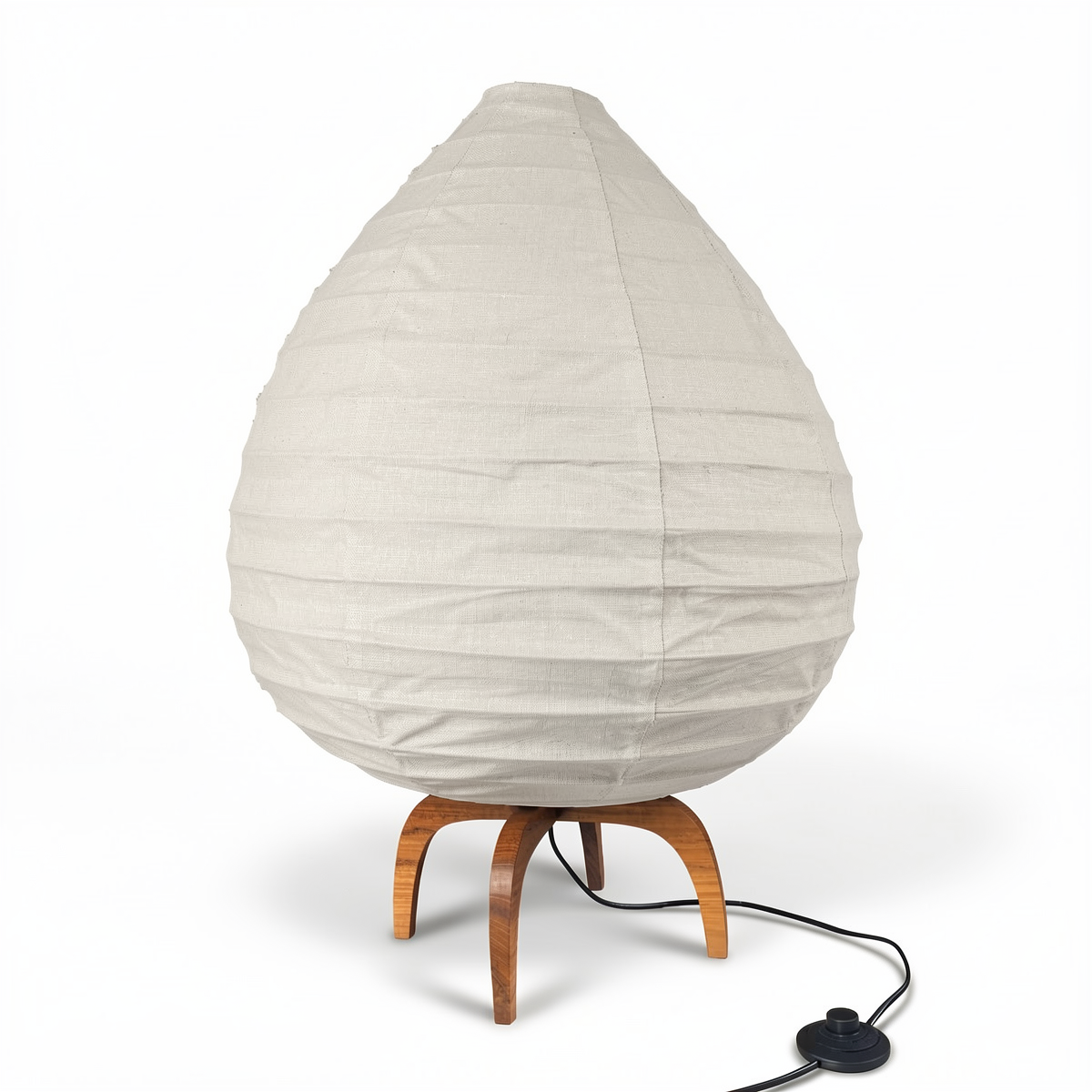 Alien Floor Lamp by TIBA-TIBA – teardrop shaped off-white linen floor lamp in the style of Noguchi with four teak feet. 