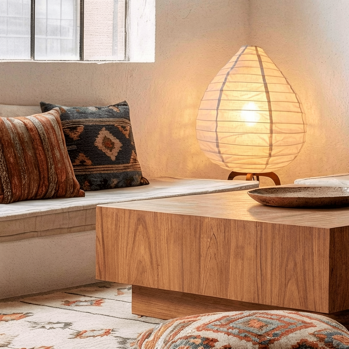 Alien Floor Lamp by TIBA-TIBA – Minimalist table lamp with off-white linen lampshade on teak tripod legs in warm living room with Tex-Mex style pillows. 