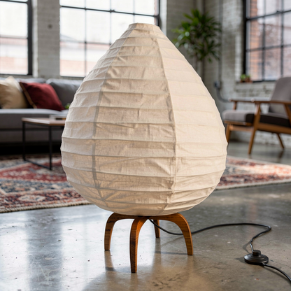 Alien Floor Lamp by TIBA-TIBA – Noguchi style Japanese floor lamp with linen lampshade with four wood feet in modern loft living room. 