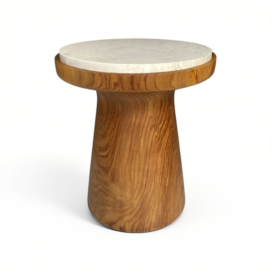 Cono Side Table by TIBA-TIBA - Solid cone-shaped teak side table with cream marble top inset in the wood. 