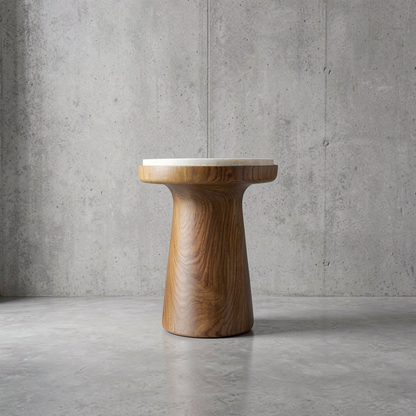 Cono Side Table by TIBA-TIBA - Solid teak side table in a conical shape with Ujung Pandang local Indonesian marble top in an off-white colour. Minimal concrete loft surrounding. 