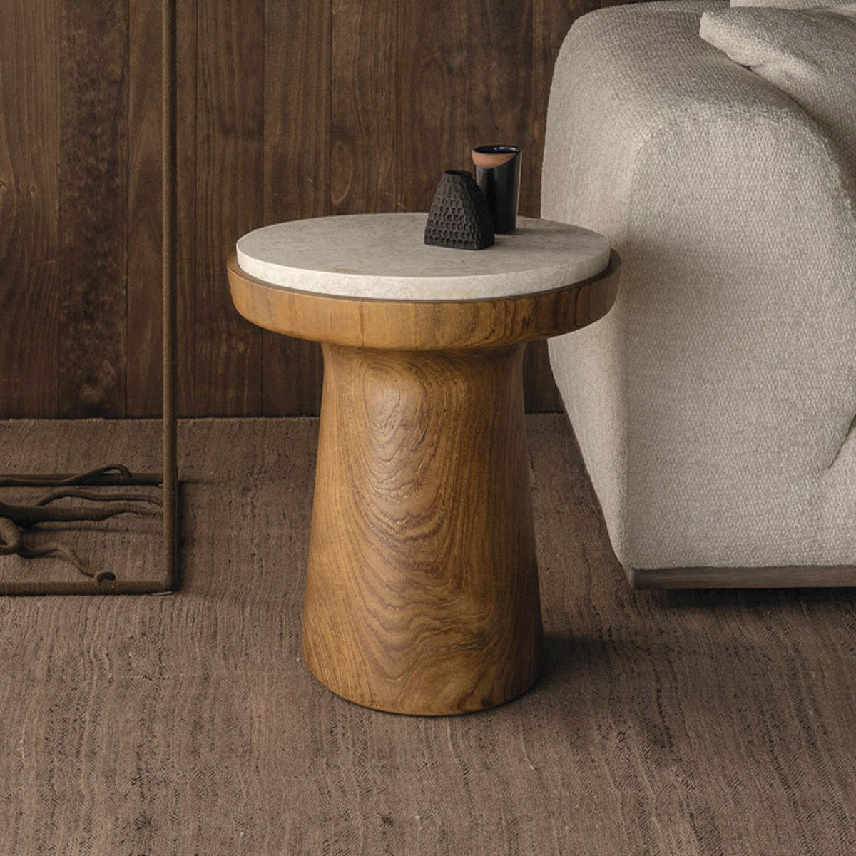 Cono Side Table by TIBA-TIBA - Solid teak side table with Indonesian marble top in a cream colour on chocolate brown rug and dark wood background with off-white sofa 