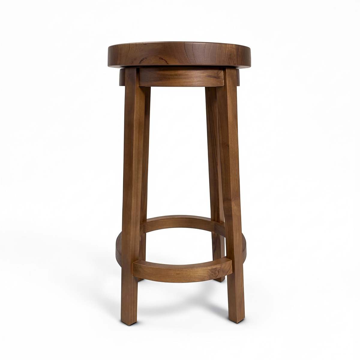Three Sixty Stool by TIBA-TIBA – handcrafted teak wood bar stool with circular seat and 360-degree rotation.