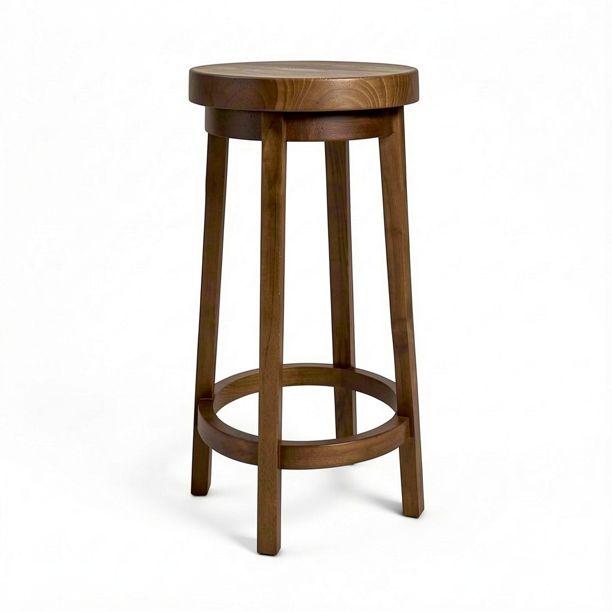 Three Sixty Stool by TIBA-TIBA – Solid teak bar stool with round seat and 360-degree ball bearing rotation.