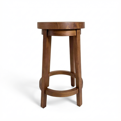 Three Sixty Stool by TIBA-TIBA – handcrafted teak wood counter stool with circular seat and 360-degree rotation.