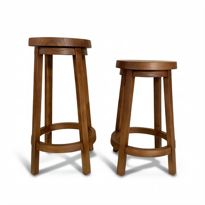 Three Sixty Stools by TIBA-TIBA – solid teak bar and counter stools with circular seat and 360-degree rotation.