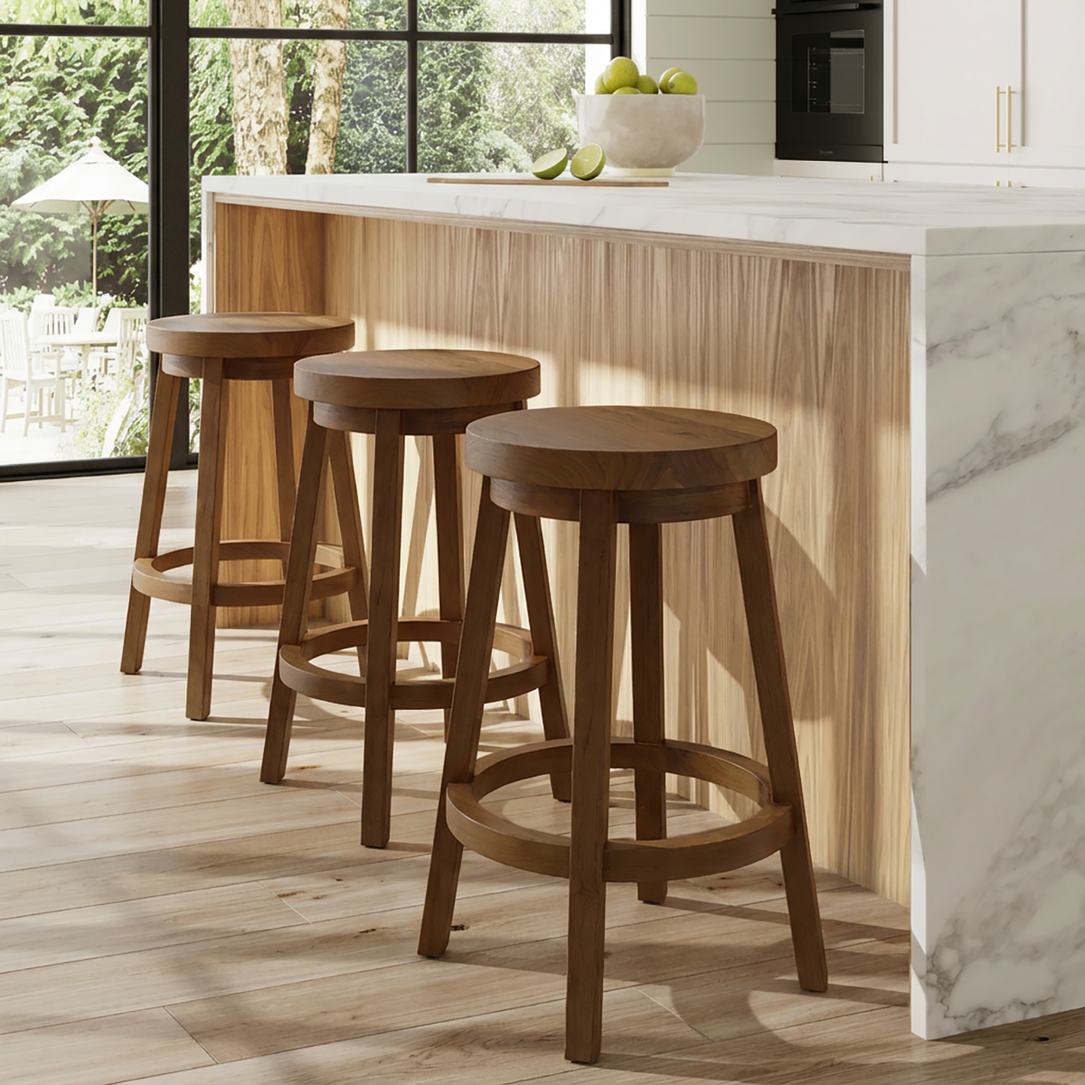 Three Sixty Stools by TIBA-TIBA – three teak wood counter stools with rotating seats at white marble kitchen counter with light wood interior panelling.  