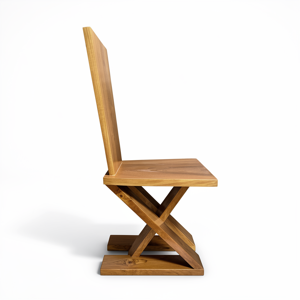 Zag-Zig Chair by TIBA-TIBA – unique teak dining chair with solid plank backrest and angular plank legs. Side view. 