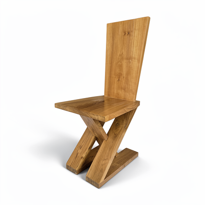 Zag-Zig Chair by TIBA-TIBA – Wabi-Sabi style teak dining with high back and z-shaped plank legs. 