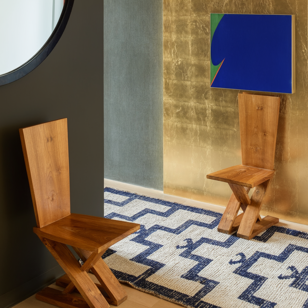 Zag-Zig Chair by TIBA-TIBA – Two modern, angular teak wood chairs in Artist apartment entryway with gold leaf wall with blue modern abstract artwork, and geometric blue and white rug.