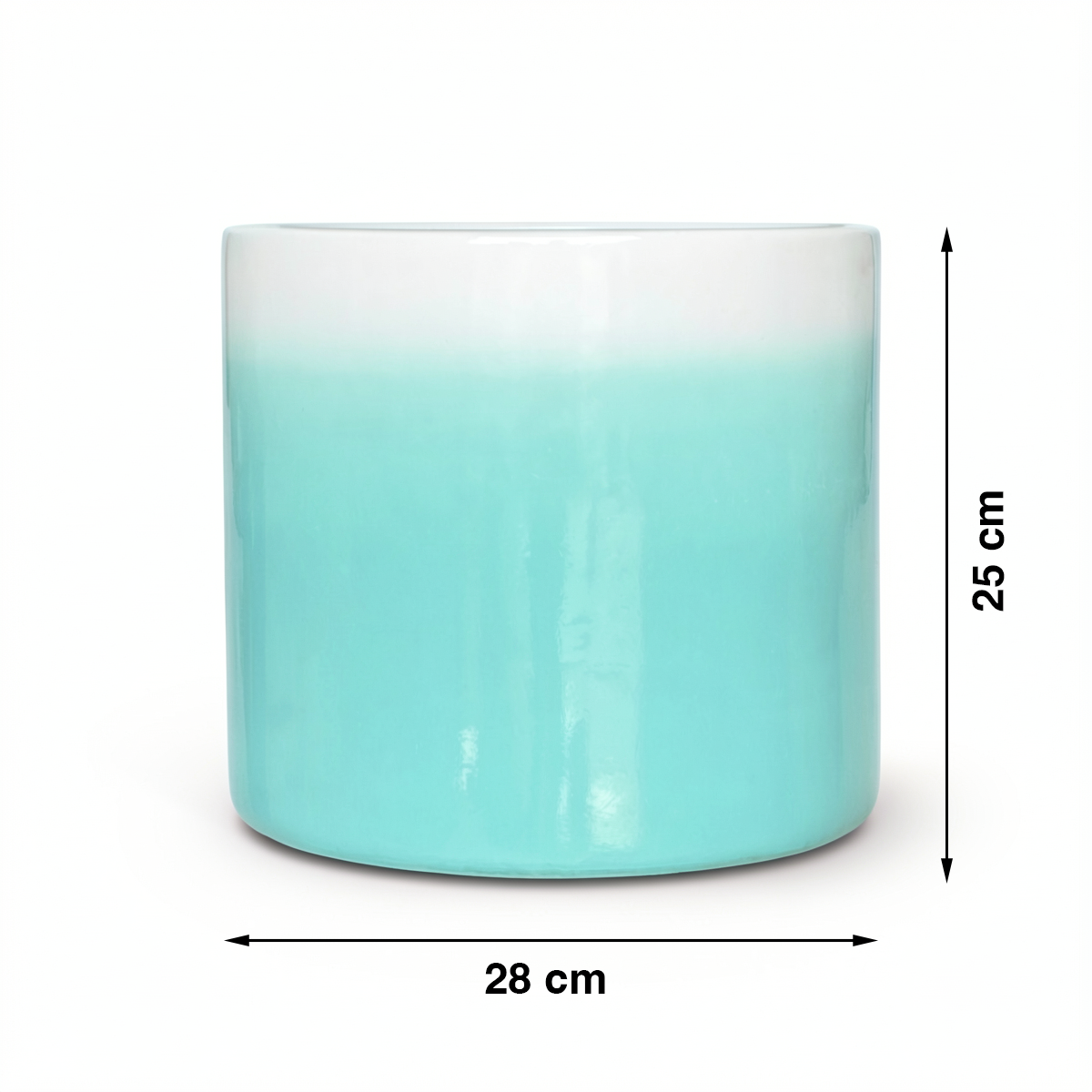 Fade Cylinder planter by TIBA-TIBA – Turquoise terracotta plant pot with a glossy, glazed gradient finish that fades to white at the top. 