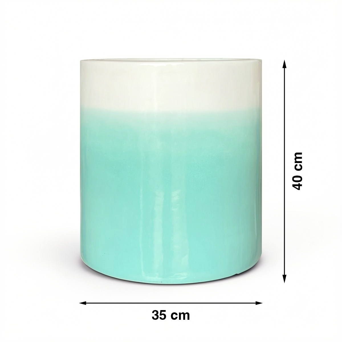 Fade Cylinder planter by TIBA-TIBA – Turquoise ceramic plant pot with a glossy, glazed gradient finish that fades to white at the top. 