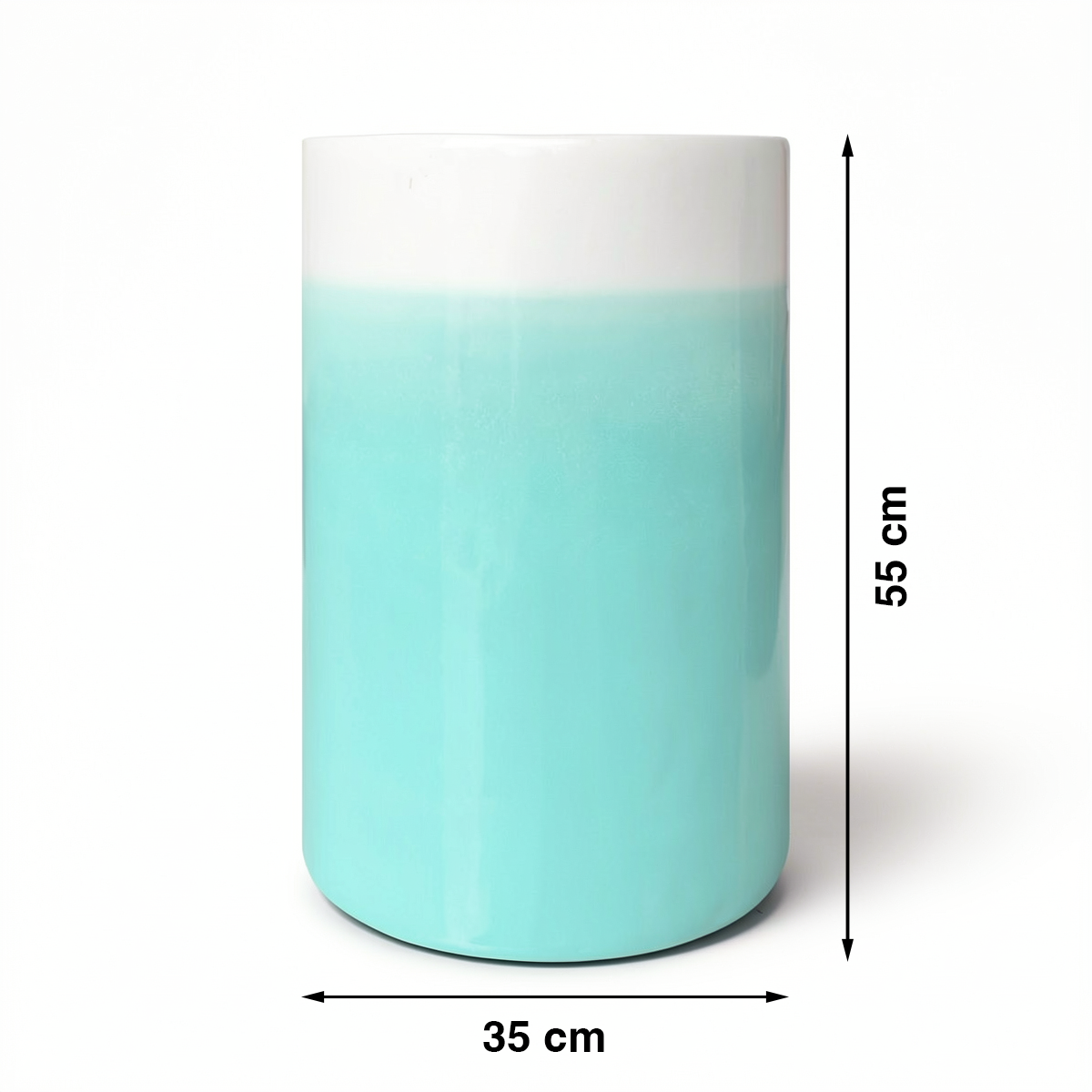 Fade Cylinder planter by TIBA-TIBA – Turquoise ceramic planter with a high-gloss, ombre glaze finish that fades to white at the top. 