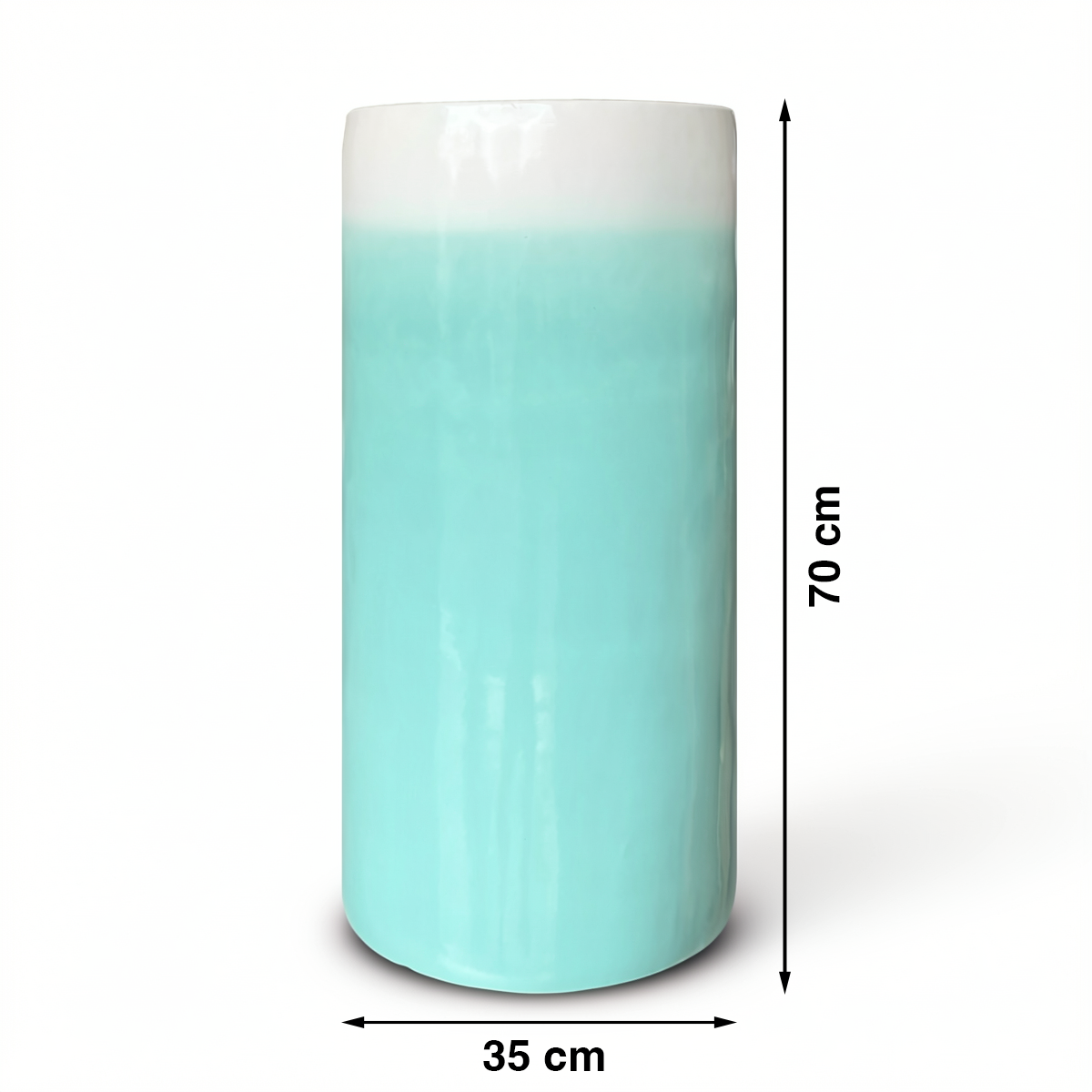 Fade Cylinder planter by TIBA-TIBA – Turquoise and white terracotta planter with a glossy, ombre finish. Handmade in Java.