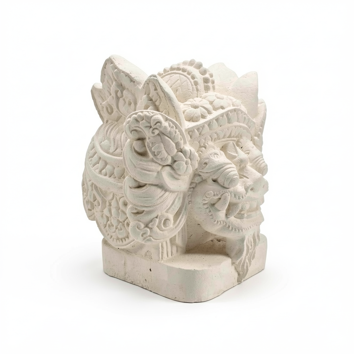 Barong Sculpture by TIBA-TIBA – white concrete modern Balinese stone sculpture. Front angle view. 