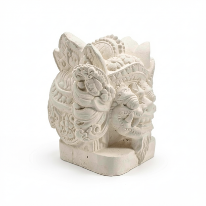 Barong Sculpture by TIBA-TIBA – white concrete modern Balinese stone sculpture. Front angle view. 