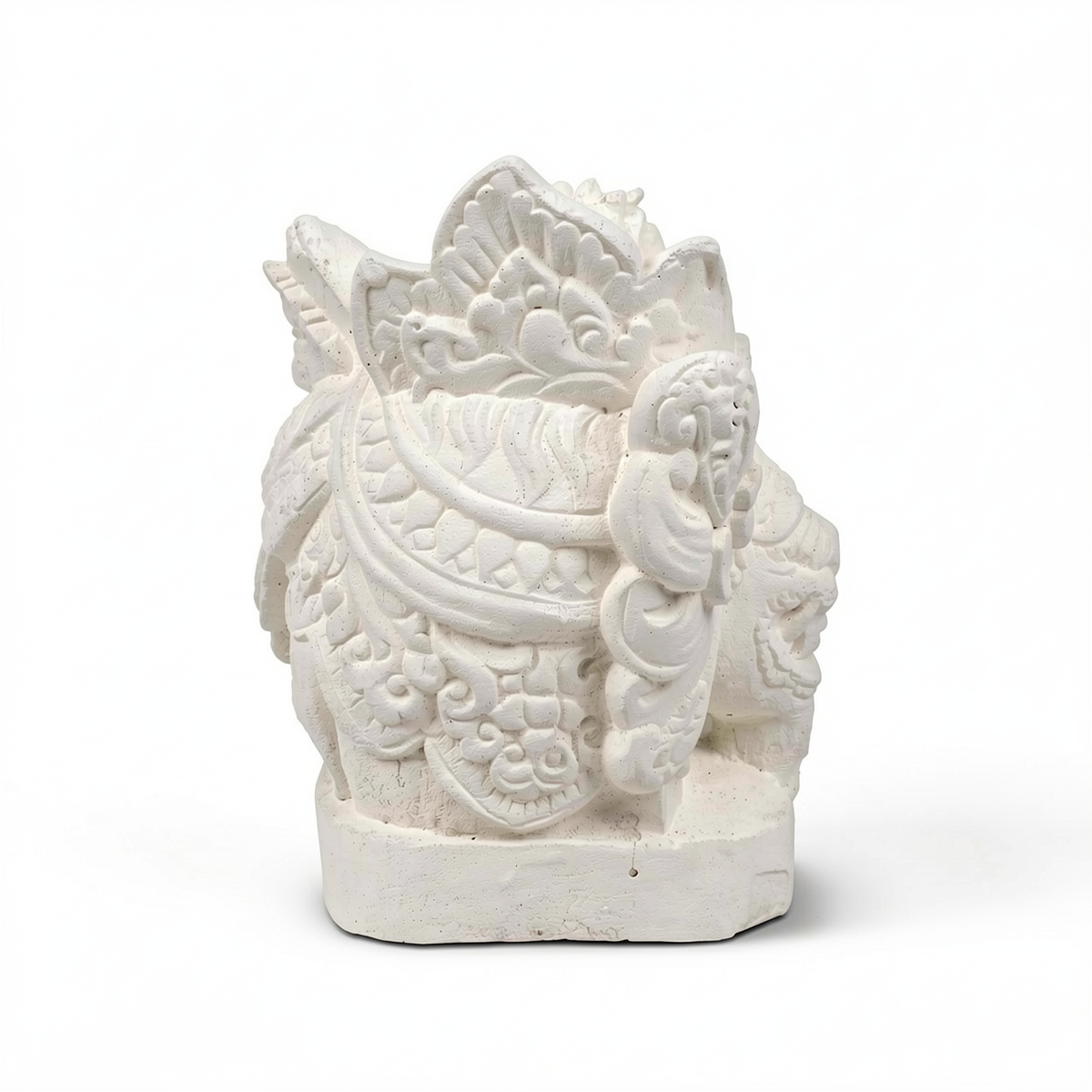 Barong Sculpture by TIBA-TIBA – white concrete modern Balinese Barong stone carving. Side View. 