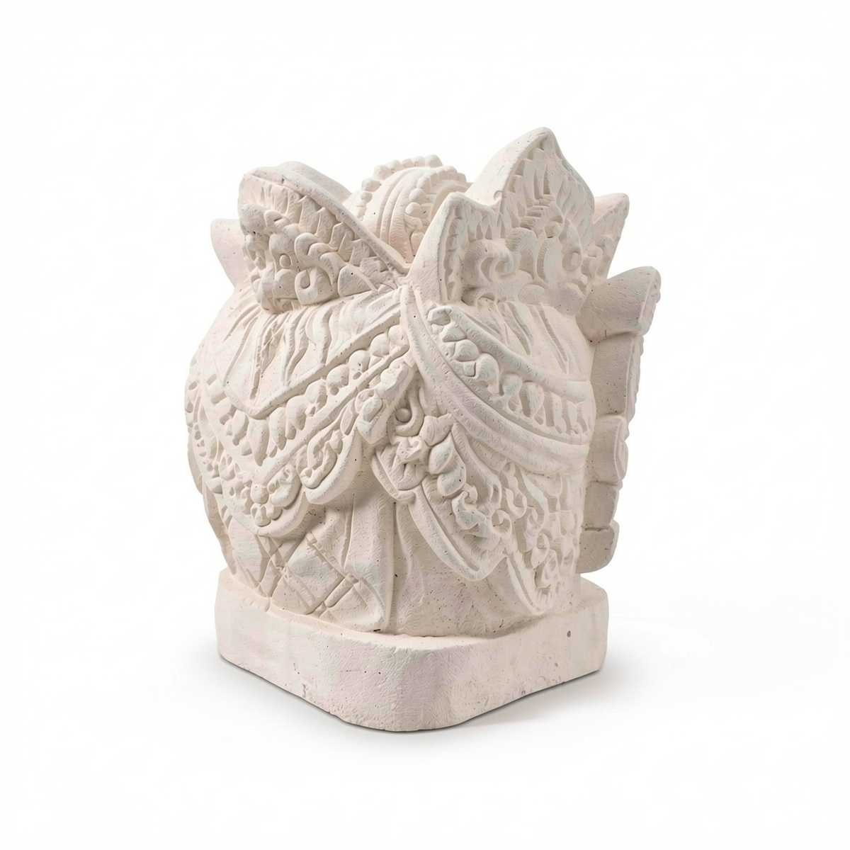 Barong Sculpture by TIBA-TIBA – white concrete stone carving of a Bali Barong sculpture. Rear angle view. 