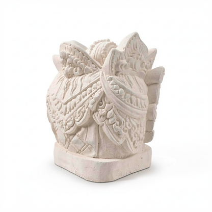 Barong Sculpture by TIBA-TIBA – white concrete stone carving of a Bali Barong sculpture. Rear angle view. 