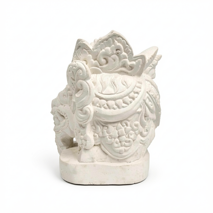 Barong Sculpture by TIBA-TIBA – white stone Balinese Barong Sculpture for cultural home decor. Side View. 