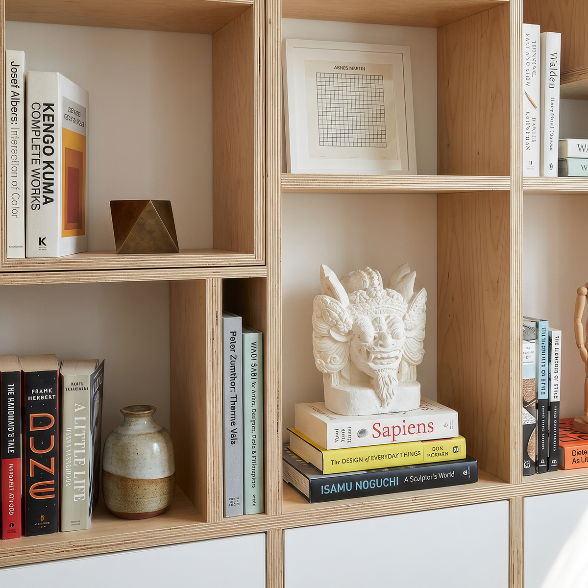 Barong Sculpture by TIBA-TIBA – hand-cast white concrete Balinese Barong bookend sculpture on a modern plywood bookshelf.