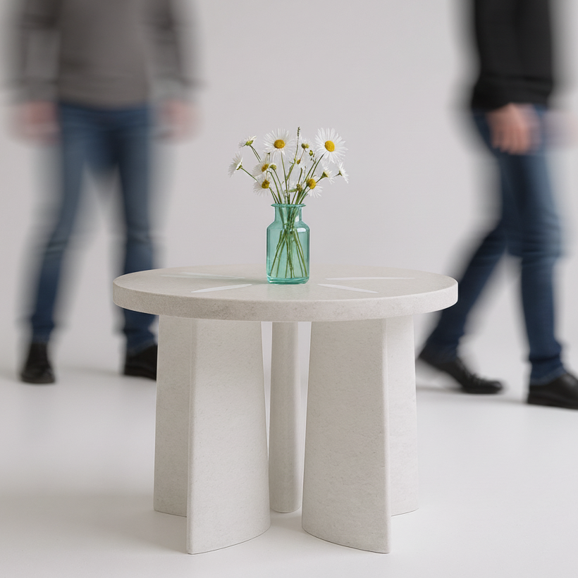 Sand Dollar Side Table by TIBA-TIBA — sculptural white marble side table in modern tropical style, styled with turquoise glass vase and daisies.
