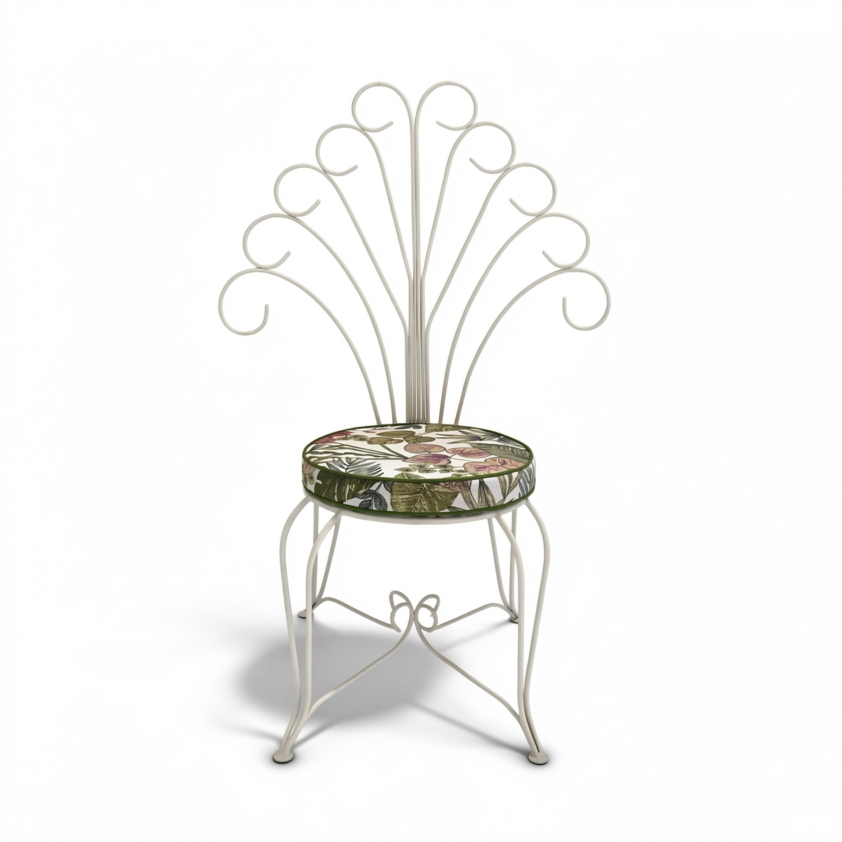 Plume Chair by TIBA-TIBA - white curved metal peacock chair in art nouveau style with tropical outdoor foliage cushion