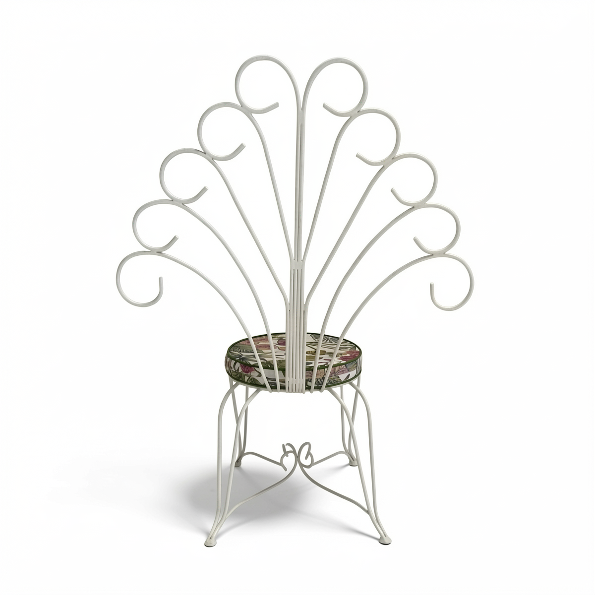 Plume Chair by TIBA-TIBA – white curved metal garden peacock chair with decorative metal backrest and a green foliage outdoor cushion